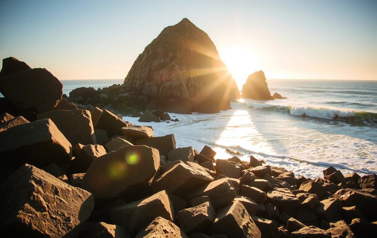 Morning mist over a quiet coastal shoreline