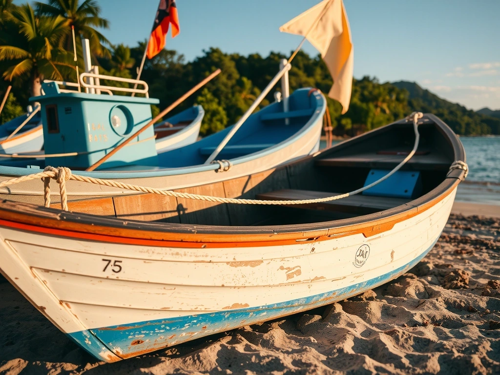 Weathered wooden boats on a tropical shore