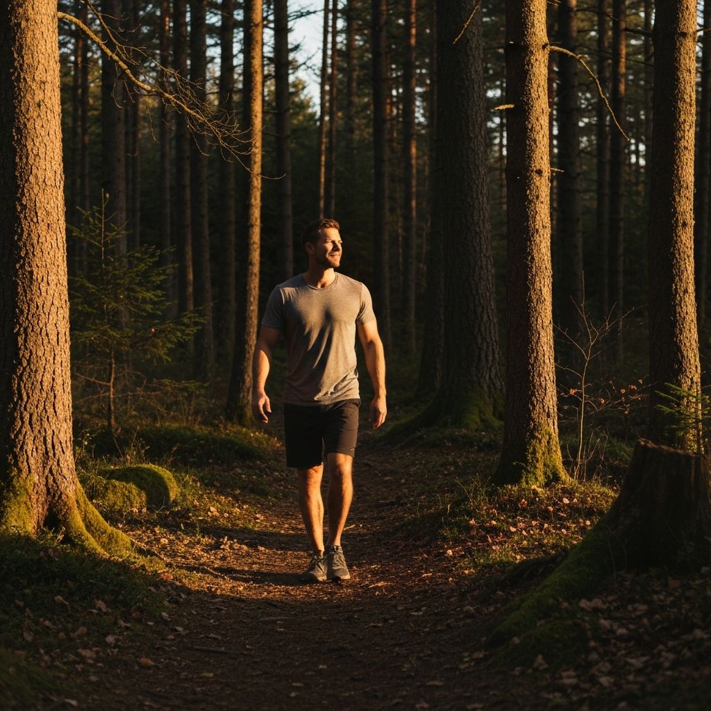 Man walking through nature, embodying balance and peaceful movement in a serene forest environment