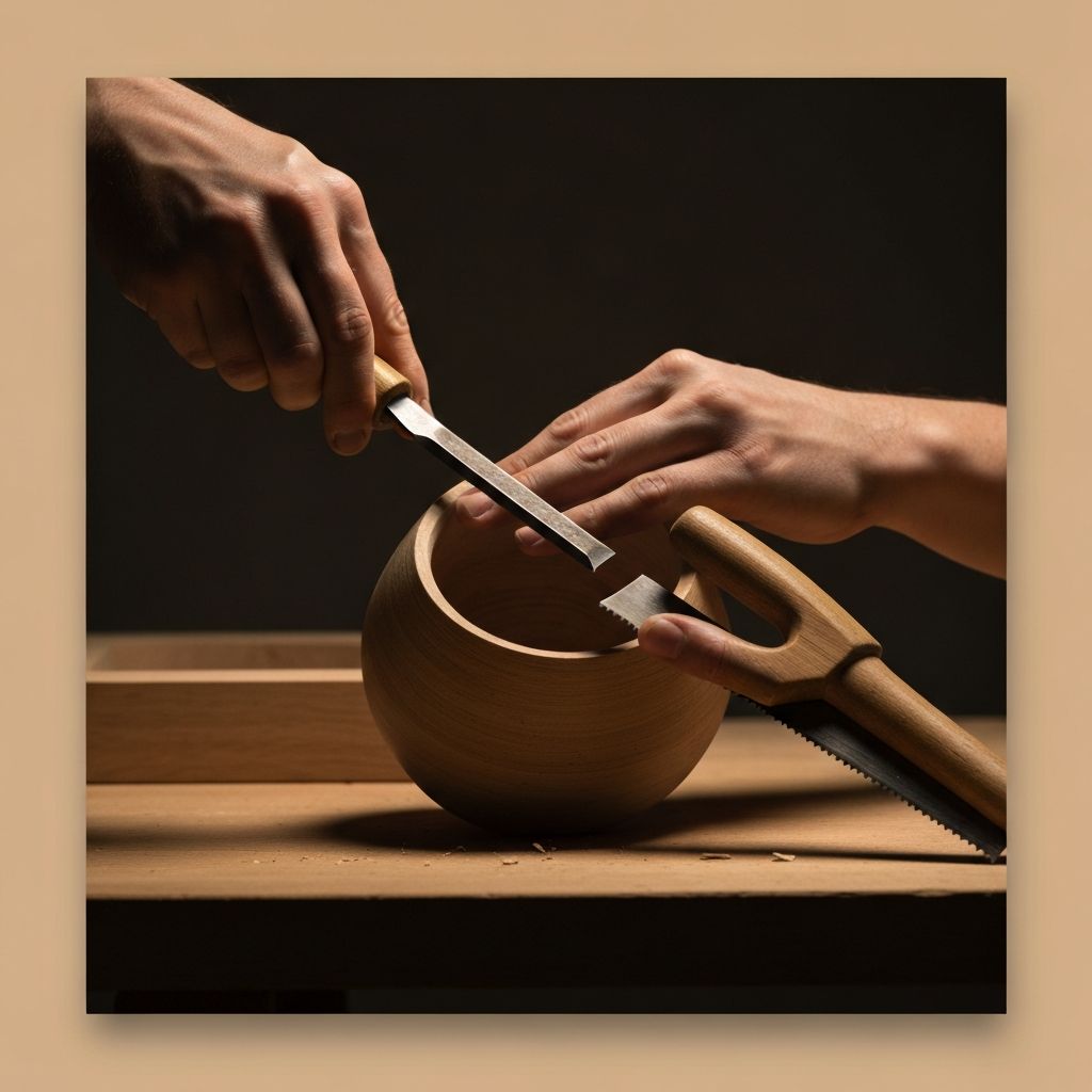Close-up of hands engaged in woodworking craft, showcasing mindful creative engagement with natural materials