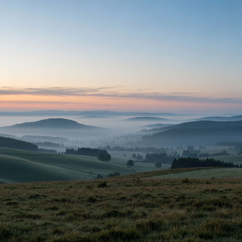 Expansive landscape at dawn with misty morning light, representing new beginnings and peaceful contemplation