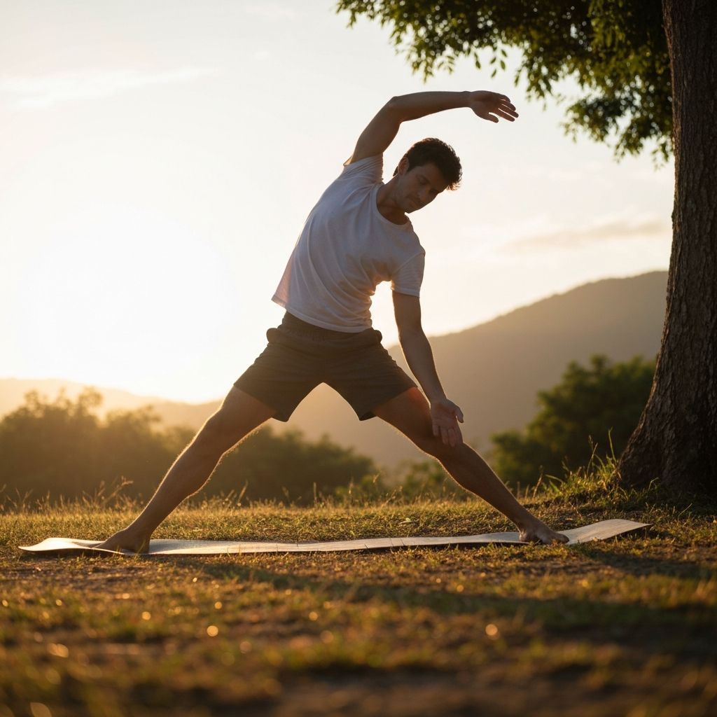 Man performing gentle yoga stretch outdoors during sunrise, demonstrating purposeful and mindful movement