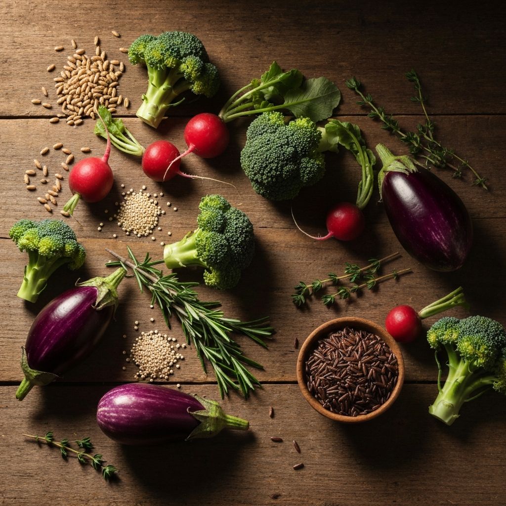 Fresh organic vegetables and whole grains arranged on rustic wooden surface, representing wholesome nutrition